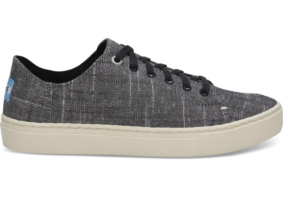 Lagom is about wearing more sustainable clothing that doesn't heavily impact our earth's ecosystem. Try finding more ethical clothing options, like these vegan sneakers from <a href="https://www.toms.com/women/black-textured-chambray-womens-lenox-sneakers" target="_blank">TOMS</a>.&nbsp;