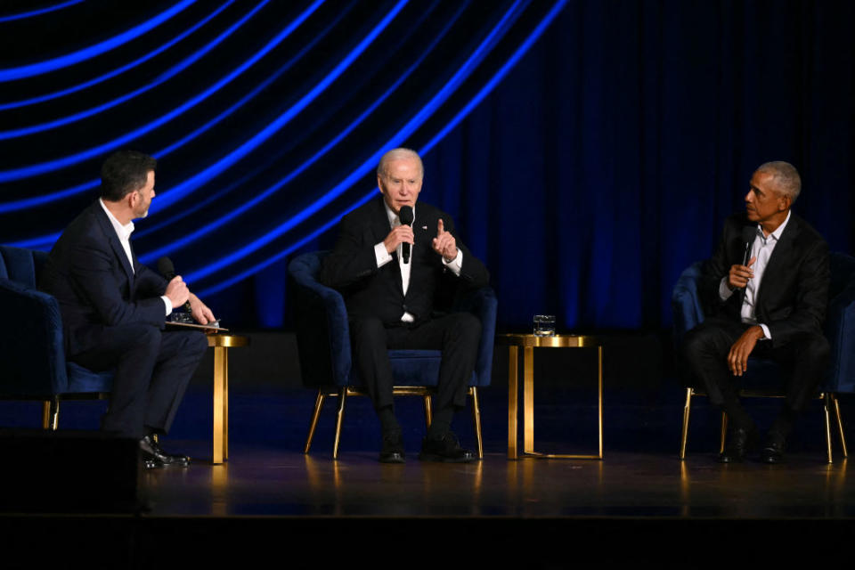 President Joe Biden speaks, flanked by television host Jimmy Kimmel, left, and former U.S. President Barack Obama, onstage during a fundraiser in Los Angeles on June 15, 2024. <span class="copyright">Mandel Ngan—Getty Images</span>