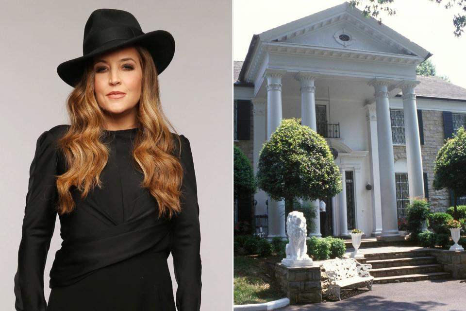 NASHVILLE, TN - JUNE 5: Musician Lisa Marie Presley poses at Wonderwall Portrait Studios during the 2013 CMT Music Awards at Bridgestone Arena on June 5, 2013 in Nashville, Tennessee.  (Photo by Christopher Polk/Getty Images for Wonderwall); UNITED STATES - CIRCA 1970s: Elvis Presley with venue and Graceland photo. Elvis Presley's home, Graceland (photo by Mick Hutson/Redferns)