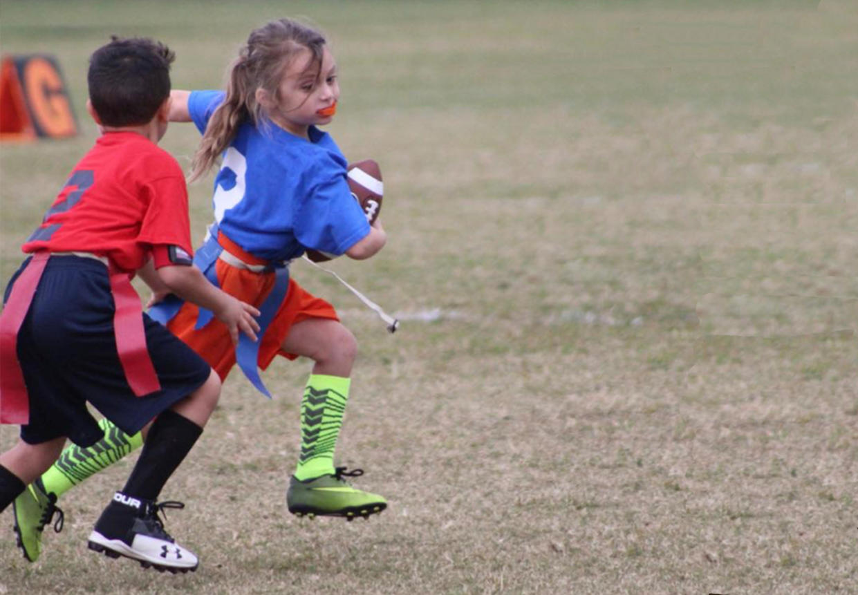 Six-year-old Alicia Virta is the only girl on her flag football team in Boynton Beach, Fla. (Photo: Courtesy of Nikki Virta)