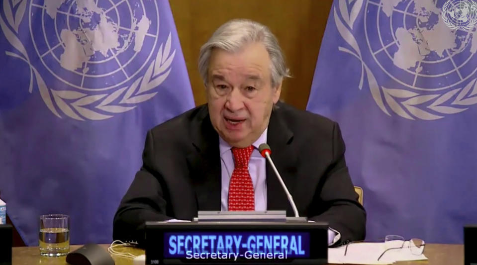 In this image made from UNTV video, United Nations Secretary General Antonio Guterres speaks during a U.N. Security Council high-level meeting on COVID-19 recovery focusing on vaccinations, chaired by British Foreign Secretary Dominc Raab, Wednesday, Feb. 17, 2021, at UN headquarters, in New York. (UNTV via AP)