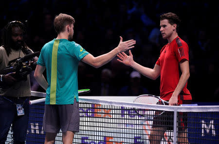 Tennis - ATP World Tour Finals - The O2 Arena, London, Britain - November 17, 2017 Belgium’s David Goffin and Austria's Dominic Thiem after their group stage match REUTERS/Toby Melville