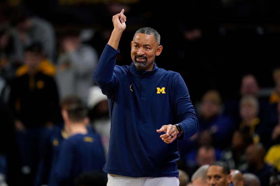 Michigan head coach Juwan Howard directs his team during the second half of an NCAA college basketball game against Iowa at Carver-Hawkeye Arena in Iowa City, Iowa, on Sunday, Dec. 10, 2023.