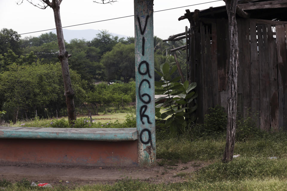 In this Oct. 16, 2019 photo, a lamp post is marked with the word “Viagra,” the armed wing of the Michoacan Family cartel, to mark their territory at El Terrero, Michoacan state, Mexico. The group also has burned several trucks and buses to block a bridge and prevent a Jalisco cartel incursion. (AP Photo/Marco Ugarte)