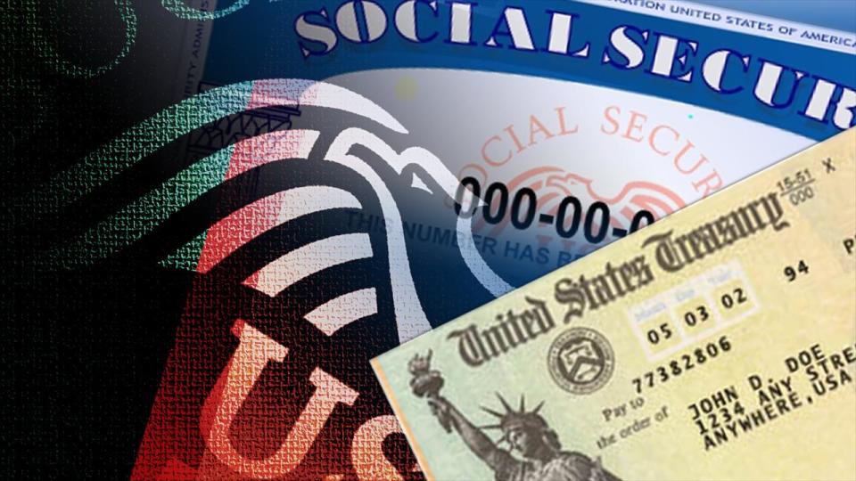 US Social Security sample card and sample check, on texture, partial graphic