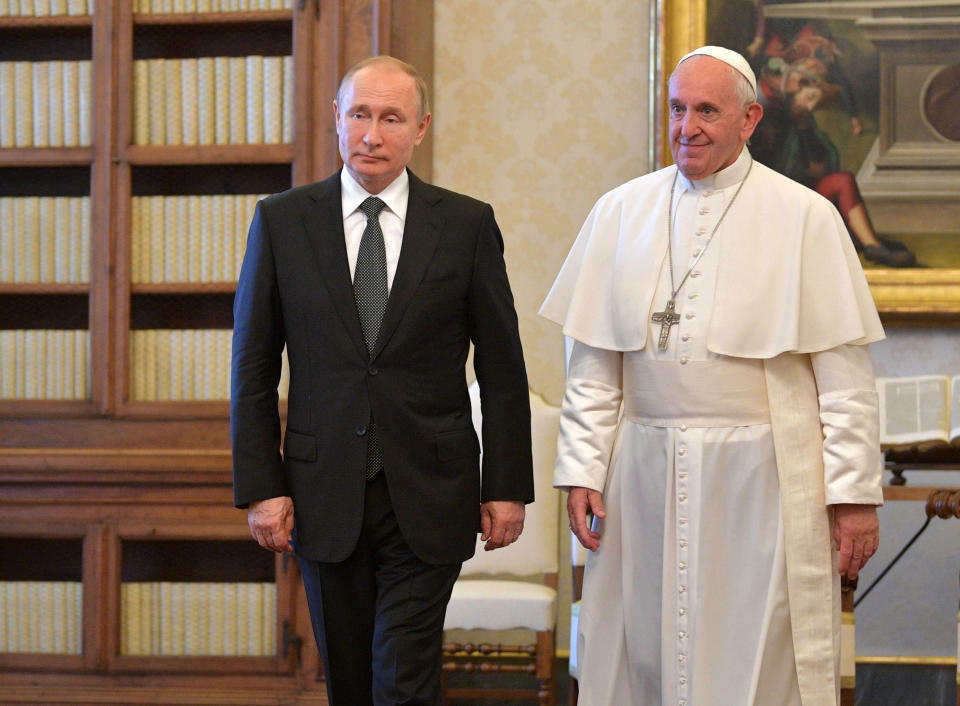 Pope Francis and Russian President Vladimir Putin on the occasion of their private audience at the Vatican, Thursday, July 4, 2019. (Alexei Druzhinin, Sputnik, Kremlin Pool Photo via AP)