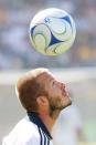 CARSON, CA - OCTOBER 26: David Beckham #23 of the Los Angeles Galaxy heads off a ball during their MLS game against FC Dallas at Home Depot Center on October 26, 2008 in Carson, California. (Photo by Robert Mora/MLS via Getty Images)