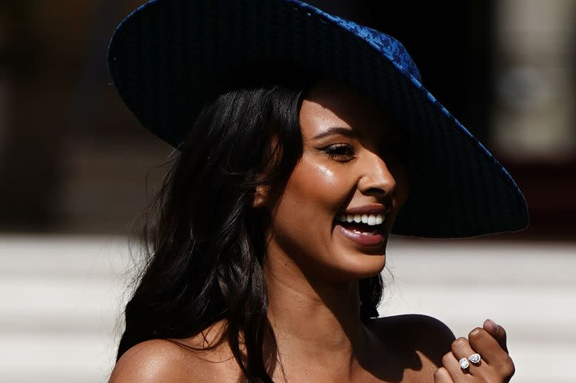 Maya Jama in a deep blue outfit for the garden party today