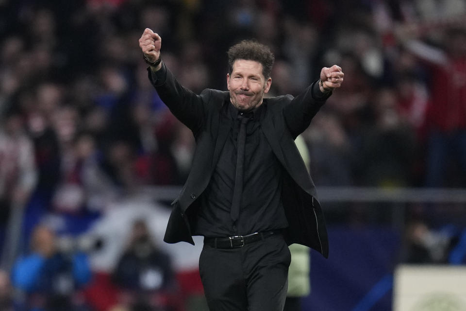 Atletico Madrid's head coach Diego Simeone celebrates at the end of the Champions League, round of 16, second leg soccer match against Inter Milan at the Metropolitano stadium in Madrid, Spain, Wednesday, March 13, 2024. Atletico Madrid won 3-2 in a penalty shootout. (AP Photo/Manu Fernandez)