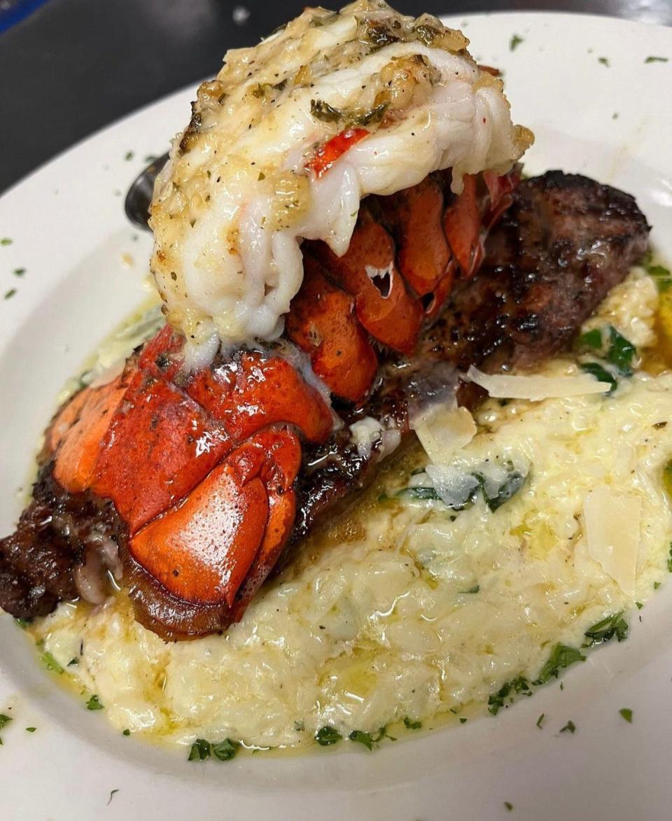 Lobster sitting in a bed of garlic mashed potatoes from Giardino's Abington Italian Steak House located at 497 Bedford St, Abington.