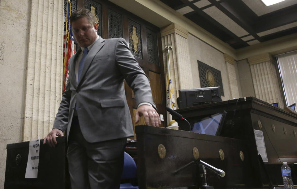 Chicago police officer Jason Van Dyke leaves the stand after testifying on Tuesday, Oct. 2, 2018, during his first degree murder trial for the shooting death of Laquan McDonald at the Leighton Criminal Court Building in Chicago. (Antonio Perez/ Chicago Tribune via AP, Pool)