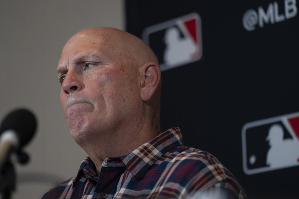 Atlanta Braves manager Brian Snitker responds to questions during the Major League Baseball winter meetings Tuesday, Dec. 5, 2023, in Nashville, Tenn. (AP Photo/George Walker IV)