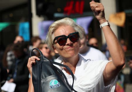 Actor Emma Thompson takes part in the Extinction Rebellion protest at Oxford Circus in London, Britain April 19, 2019. REUTERS/Hannah McKay