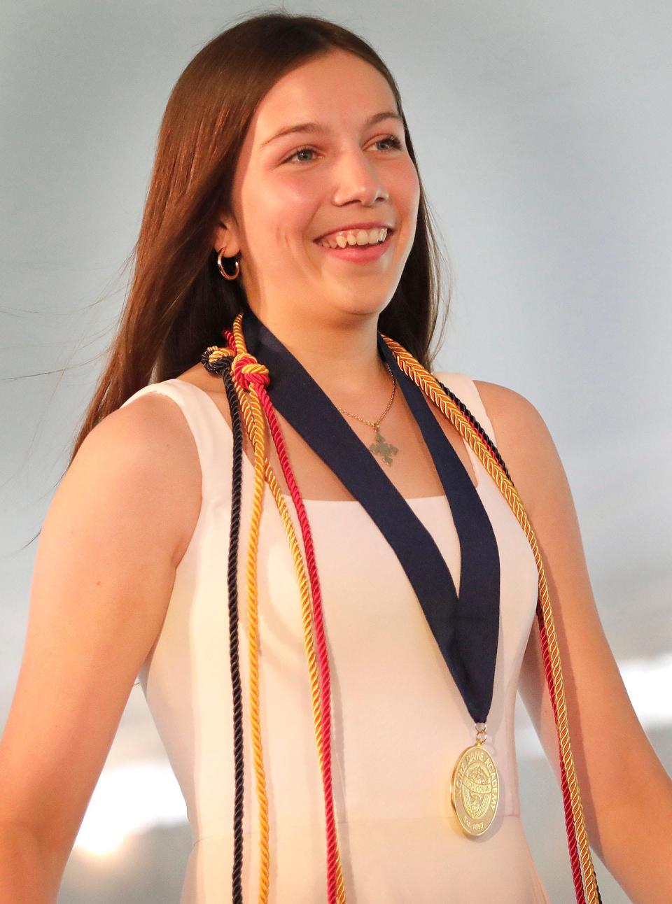 Class Valedictorian Aisling McLaughlin, of Weymouth, at the Notre Dame Academy graduation in Hingham on Friday, May 19, 2023.