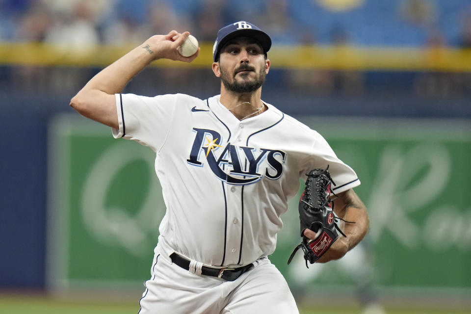 Tampa Bay Rays starting pitcher Zach Eflin delivers to the Los Angeles Angels during the first inning of a baseball game Thursday, Sept. 21, 2023, in St. Petersburg, Fla. (AP Photo/Chris O'Meara)