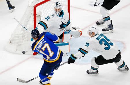 May 21, 2019; St. Louis, MO, USA; St. Louis Blues left wing Jaden Schwartz (17) shoots against San Jose Sharks goaltender Martin Jones (31) during the second period in game six of the Western Conference Final of the 2019 Stanley Cup Playoffs at Enterprise Center. Mandatory Credit: Billy Hurst-USA TODAY Sports