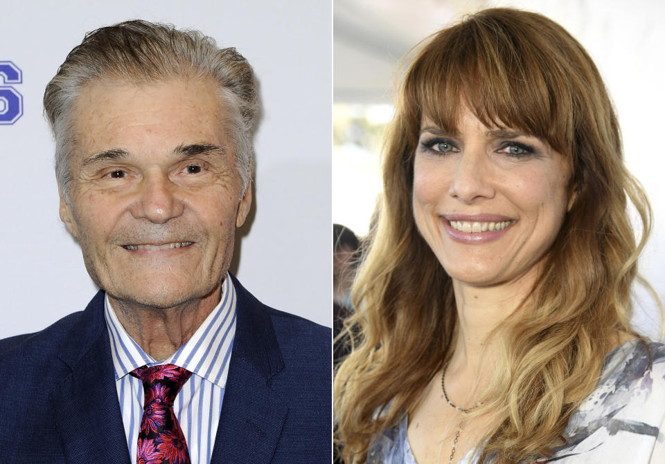 This combination photo shows actor Fred Willard at a special screening of "Mascots" in Los Angeles on Oct. 5, 2016, left, and director Lynn Shelton arrives at the 35th Film Independent Spirit Awards, in Santa Monica, Calif. on Feb. 8, 2020. Willard and Shelton, who died within a day of each other in May, each received a posthumous Emmy nomination. Willard, the beloved longtime comic player who died May 15 at age 86, was nominated for best guest actor in a comedy series for “Modern Family.” Shelton, the revered indie filmmaker and frequent TV director who died unexpectedly of a blood disorder at age 54 on May 16, was nominated for best directing of a limited series for “Little Fires Everywhere.” (Photos by Richard Shotwell/Invision/AP)