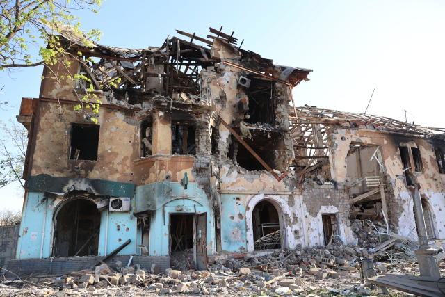 MARIUPOL, UKRAINE - APRIL 26: A view of the destruction in the city of Mariupol on April 26, 2022. Mariupol is progressively establishing a quiet existence today. People in locations where hostilities have just lately erupted still have nothing to eat, no water, and have only recently been able to dwell in basements. People also have to deal with the fact that many of their neighbors who died under the rubble remain nearby - no one has yet been able to collect and bury these bodies. (Photo by Leon Klein/Anadolu Agency via Getty Images)