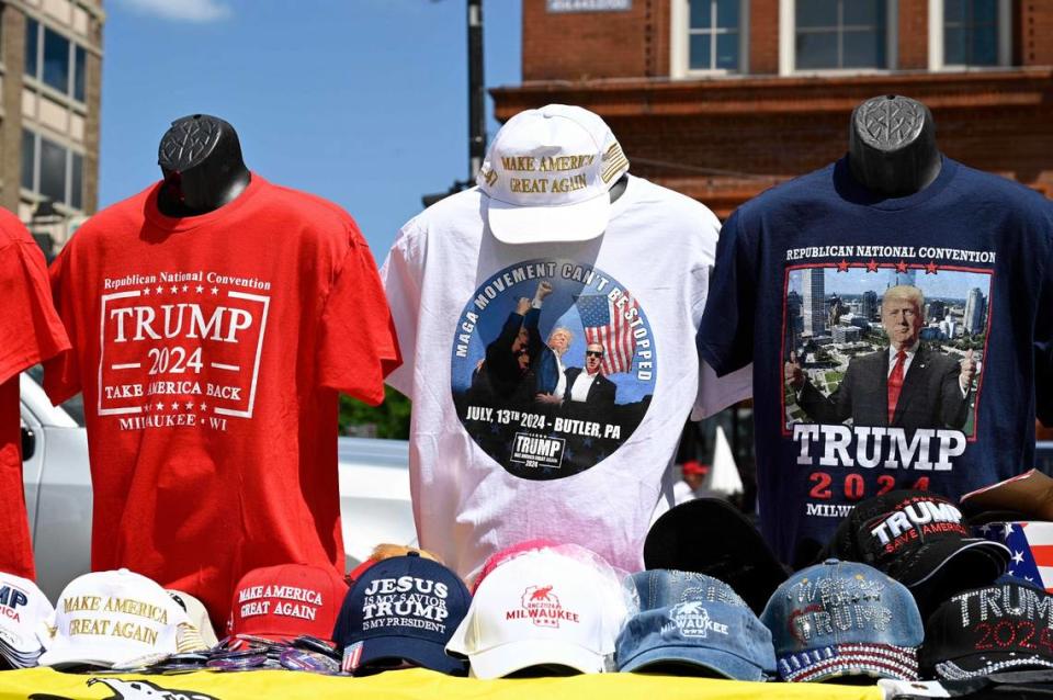 A T-shirt featuring an image of Donald Trump from the day he was shot is seen for sale by a street vendor during the third day of the Republican National Convention in Milwaukee.