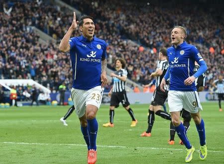 Leonardo Ulloa celebrates scoring the third goal for Leicester from the penalty spot. Action Images via Reuters / Alan Walter Livepic