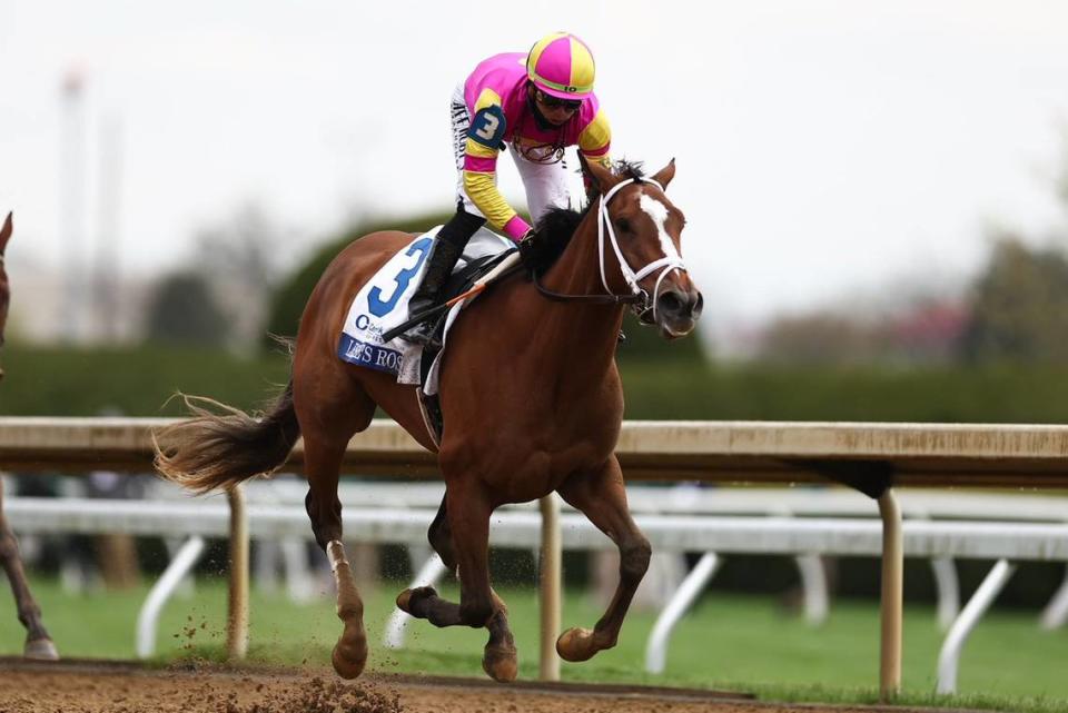 Leslie’s Rose, with Irad Ortiz Jr. up, wins the 87th running of Grade 1, $600,000 Central Bank Ashland on Friday at Keeneland.