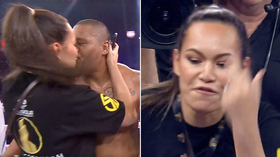 Seen here, Joey Leilua's wife kisses her husband before hitting out in anger at John Hopoate.