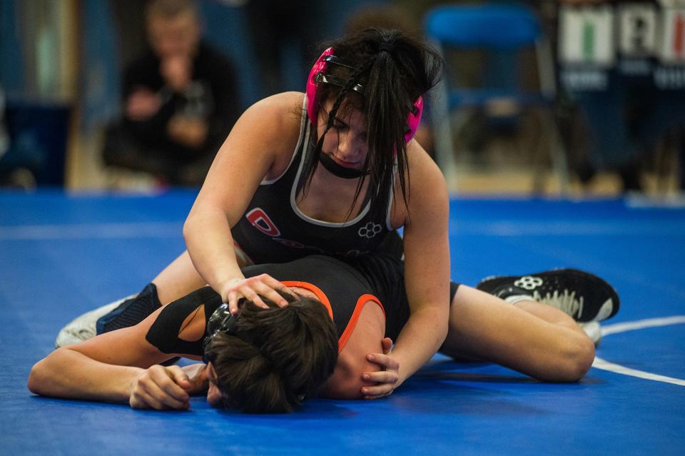 Port Jervis' Charlie Wylie, top, wrestles Marlboro's Lorenzo Castro during the division 2 Section 9 wrestling championship at SUNY Ulster in Stone Ridge, NY on Sunday, February 12, 2023. Port Jervis's Charlie Wylie won the match.