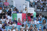 Fans of Jannik Sinner, of Italy, cheer during a match against Carlos Alcaraz, of Spain, the Miami Open tennis tournament, Friday, March 31, 2023, in Miami Gardens, Fla. (AP Photo/Wilfredo Lee)