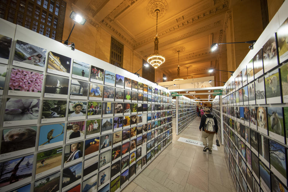 A visitor makes his way along a row of impressive photos taken with mobile phones and cameras. (Photo: Gordon Donovan/Yahoo News)