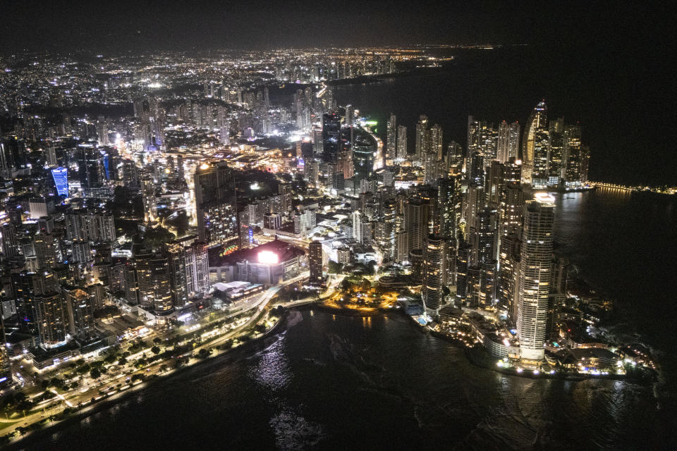 An overhead night view of Panama City, May 1, 2024. Panamanians will elect a new president on Sunday, May 5th. (AP Photo/Matias Delacroix)