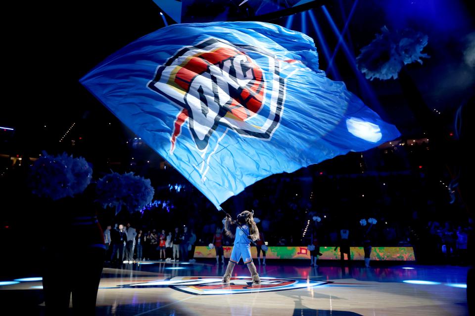Rumble raises the flag before a NBA basketball game between the Oklahoma City Thunder and Denver Nuggets at Paycom Center in Oklahoma City, Sunday, Oct., 29, 2023.