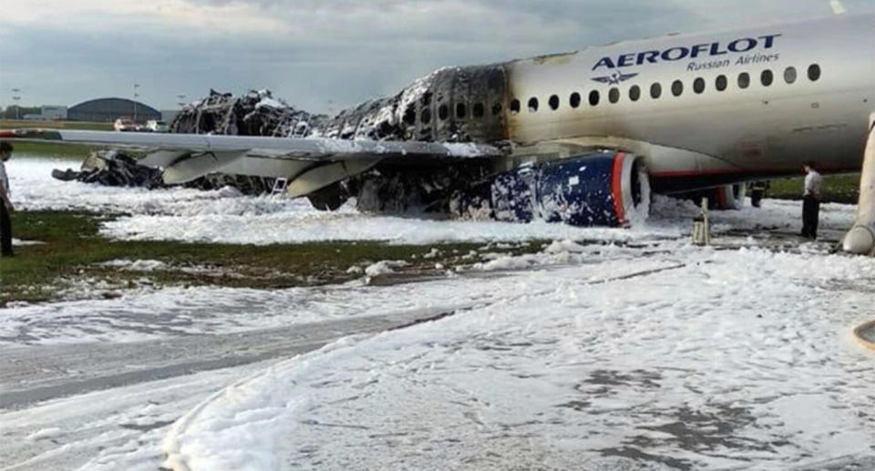 The charred remains of the Aeroflot plane. Source: AAP