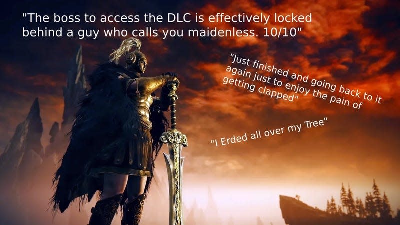 A screenshot of a warrior in Shadow of the Erdtree holding their sword. The text around them is snippets of Steam reviews. - Image: From Software / Bandai Namco / Kotaku