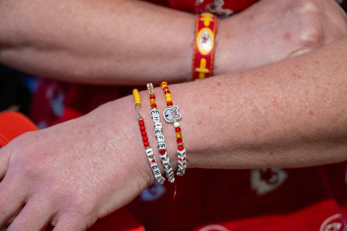 Shannon Jones, a Kansas City Chiefs fan, shows off her Kansas City Chiefs-themed friendship bracelets.