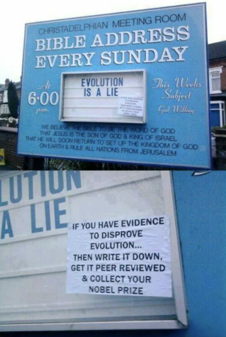 Sign at Christadelphian Meeting Room stating "Evolution is a Lie" with details on a Bible address every Sunday, offering a reward for disproving evolution