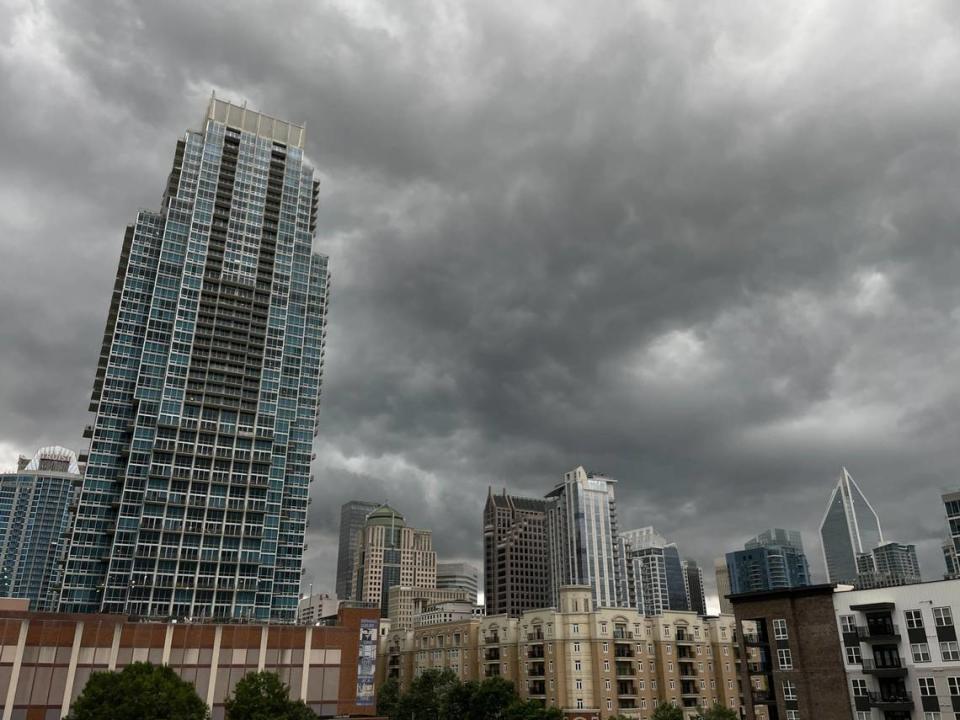 A shelf cloud cloaked uptown as severe thunderstorms rolled in with damaging winds and threatened hail and tornadoes near Charlotte, N.C. Monday, Aug. 7, 2023. The Federal Aviation Administration may ground planes out of Charlotte Douglas International Airport.