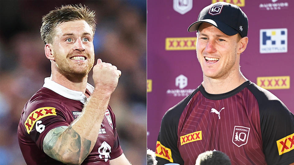 Cameron Munster celebrates and Daly Cherry-Evans speaks to the media.