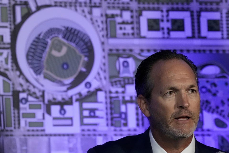 Brooks Sherman, Kansas City Royals President - Business Operations, talks about proposals to build a new stadium for the baseball team during a news conference Tuesday, Aug. 22, 2023, in Kansas City, Mo. (AP Photo/Charlie Riedel)