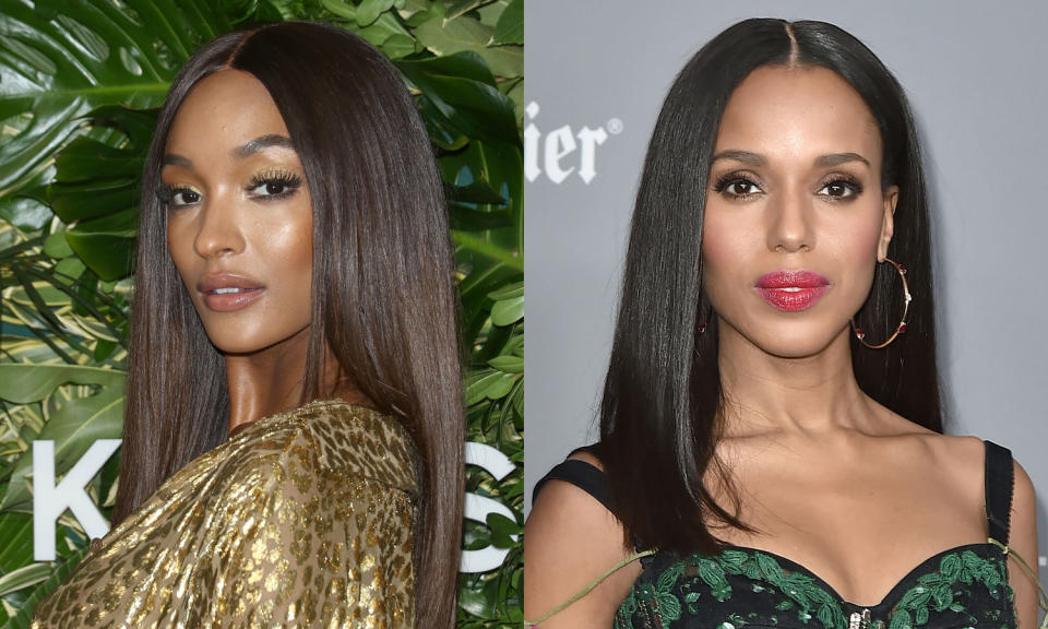 Sleek and chic. Jourdan Dunn and Kerry Washington sport the silk-press look. (Photos: Getty Images)