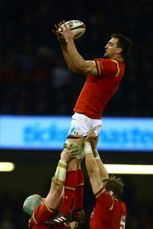 Wales' flanker Sam Warburton catches the ball at a line-out during their Six Nations rugby union match against England, at the Principality Stadium in Cardiff, south Wales, on February 11, 2017