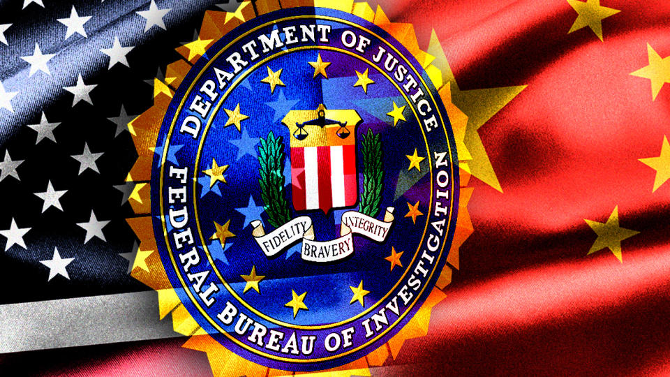 Image of FBI seal against American and Chinese flags