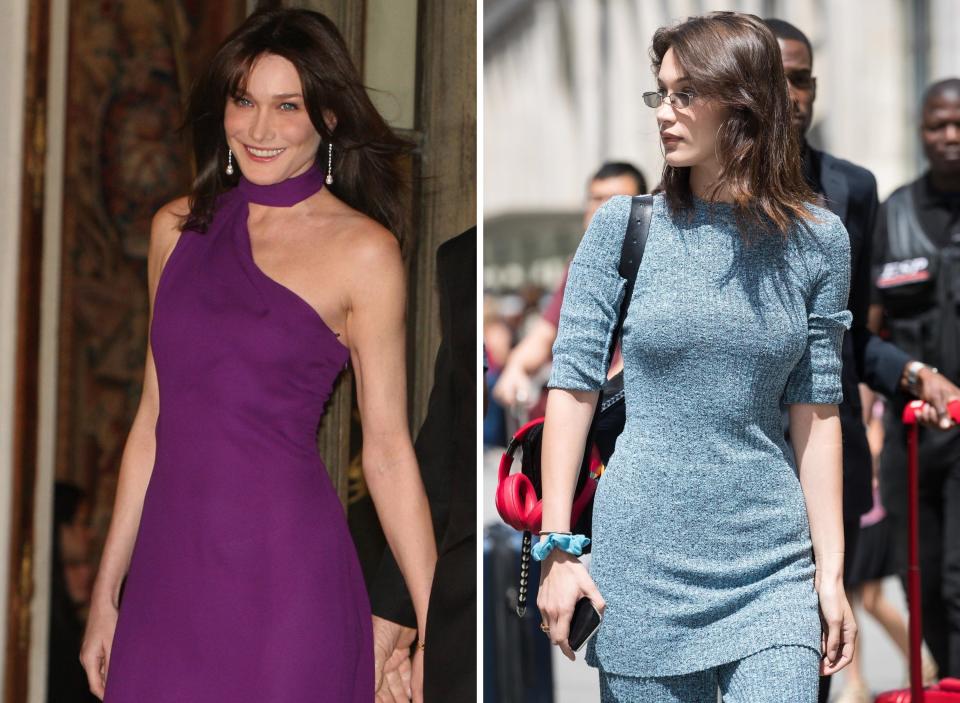 In Paris, Bella Hadid stepped out with a new set of long bangs parted at center—making her look even more like Carla Bruni.