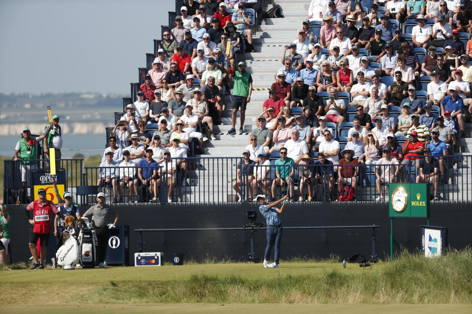 United States' Collin Morikawa hits his tee shot on the 6th hole during the final round of the British Open Golf Championship at Royal St George's golf course Sandwich, England, Sunday, July 18, 2021. (AP Photo/Peter Morrison)