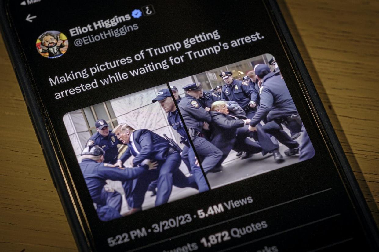 Images generated by AI systems, like these fake photos of Donald Trump being arrested (he hasn't been arrested), can be a dangerous source of misinformation. <a href="https://newsroom.ap.org/detail/MisinformationAIDeepfakes/b3b1f26aced14c3aafc92dfb40631c29/photo" rel="nofollow noopener" target="_blank" data-ylk="slk:AP Photo/J. David Ake;elm:context_link;itc:0;sec:content-canvas" class="link ">AP Photo/J. David Ake</a>
