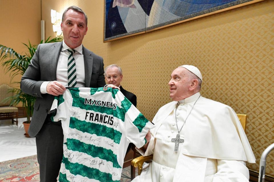 Celtic boss Brendan Rodgers presented the Pope a shirt with ‘Francis’ on the back  (VATICAN MEDIA/AFP via Getty Imag)