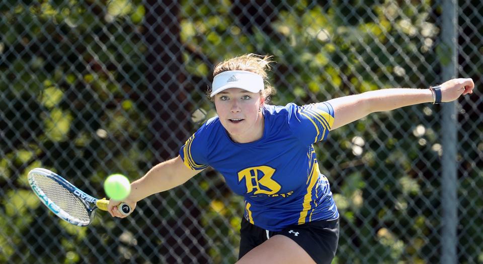 Bremerton’s Claire Warthen returns a shot during practice after school on Tuesday, May 16, 2023.