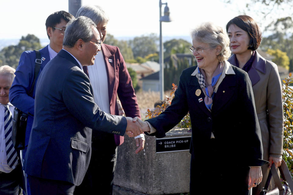 Chinese Premier Li Qiang meets with Governor of South Australia, Frances Adamson at Magill Estate winery in Adelaide, Australia, Sunday, June 16, 2024. Li is on a relations-mending mission with panda diplomacy, rock lobsters and China's global dominance in the critical minerals sector high on the agenda during his four-day visit to Australia. (AP Photo/Kelly Barnes, Pool)