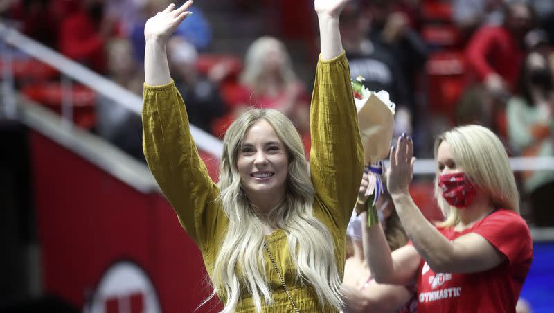 Utah Red Rocks alumni MyKayla Skinner is honored with other Olympians after the Utah Red Rocks beat Oregon State in a gymnastics meet at the Huntsman Center in Salt Lake City on Friday, Feb. 18, 2022.