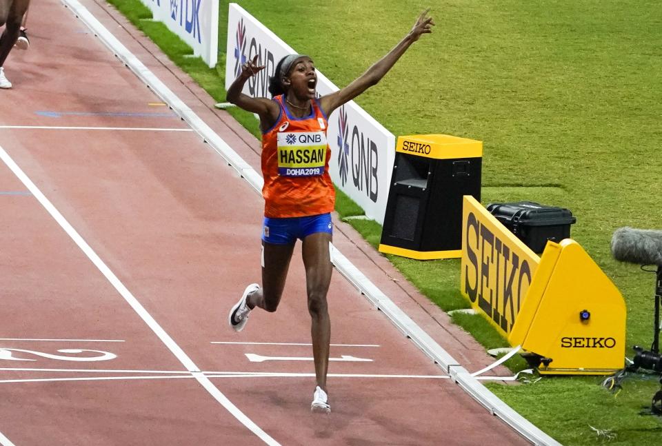 Sifan Hassan, of the Netherlands, reacts after winning the women's 1500 meter final at the World Athletics Championships in Doha, Qatar, Saturday, Oct. 5, 2019. (AP Photo/Morry Gash)