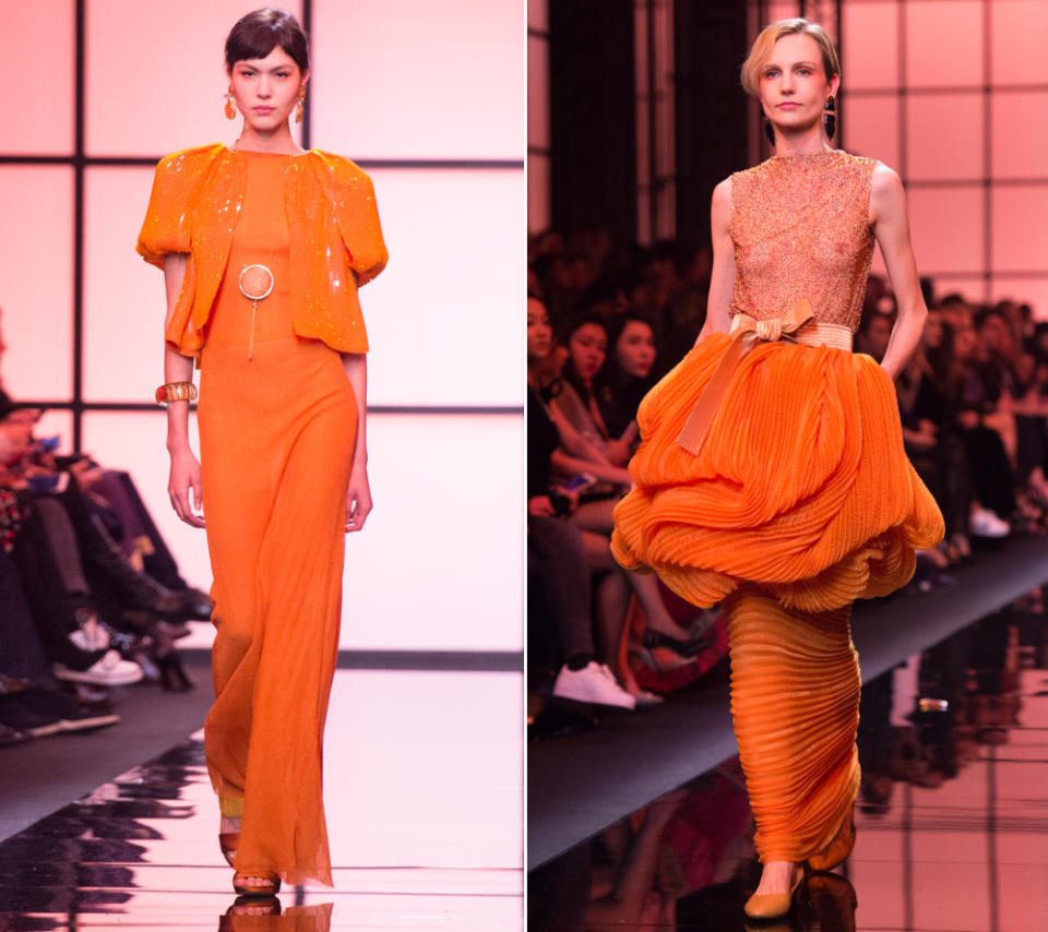 <p>Nach der Haute Couture Fall/Winter-Show im vergangenen Juli, die fast vollständig in Monochrom gehalten war, gab Armani diesen Januar die neue Trendfarbe vor: Orange. Vermischt mit Gold- und … (Bilder: Getty Images) </p>